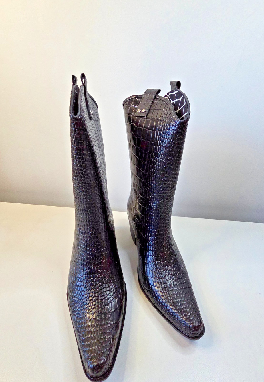 Women 11 Western Crocodile Embossed Rubber Rain Boots Pointed Toe Cowboy Black